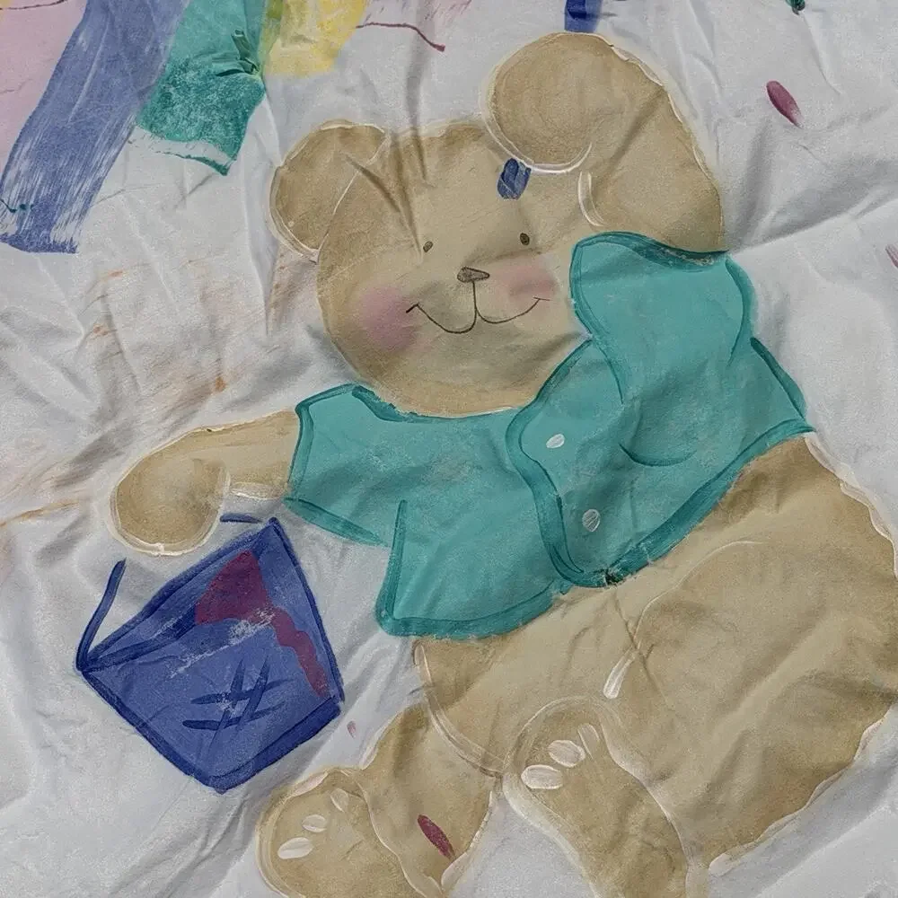 Vtg 1980s Hnad Painted Nursery Baby Comferter Pastel Painting Teddy Bear Signed
